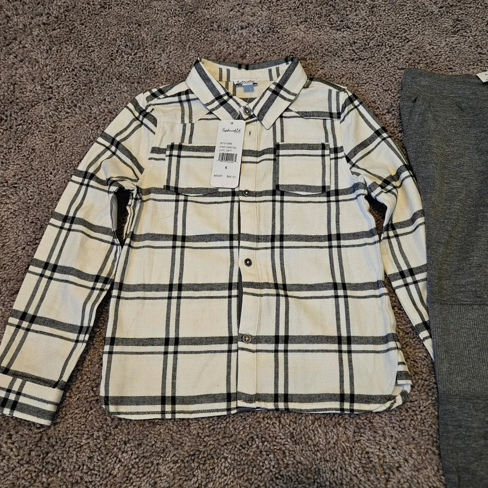 Splendid 2-Piece Flannel Jogger‎ Set Kids Size 6 Charcoal Cream NEW Plaid Shirt